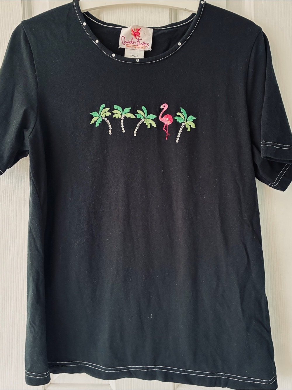 Quacker Factory Black Tee with Pink Flamingo and Green Palm Trees